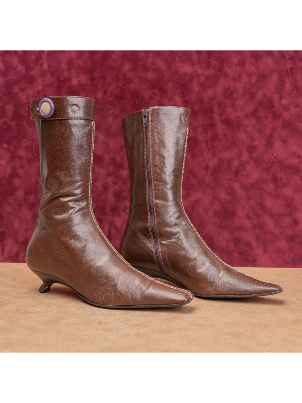 Miu Miu Wmn Brown Leather Vintage Y2K Granny Kitten Heel Boots 7US EUR37.5